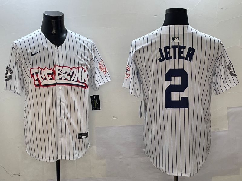 Men New York Yankees #2 Jeter White Stripe four generations Joint Name 2025 Nike MLB Jersey style 1